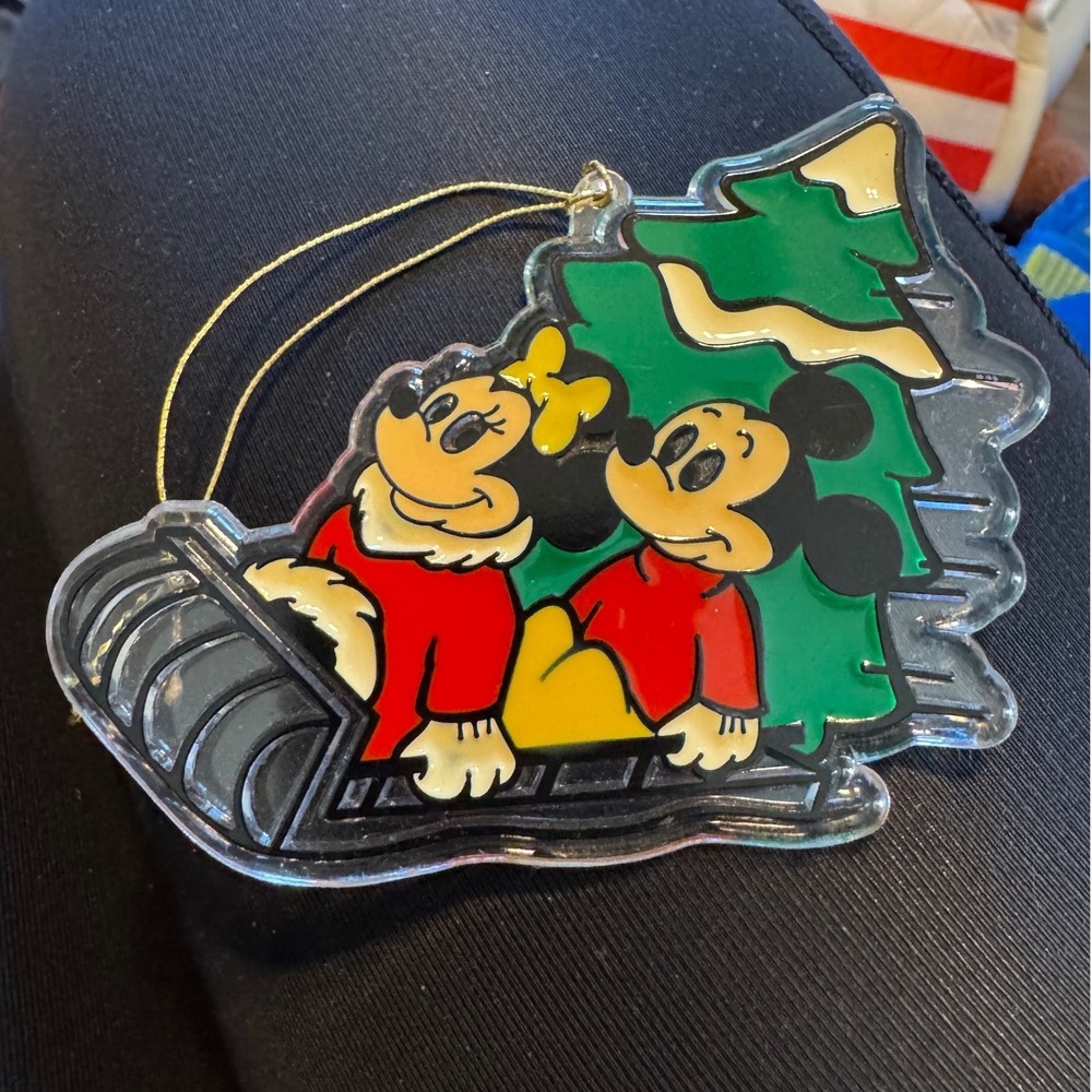 Vintage Disney Mickey Minnie Mouse Sledding Christmas Ornament Retro Holiday